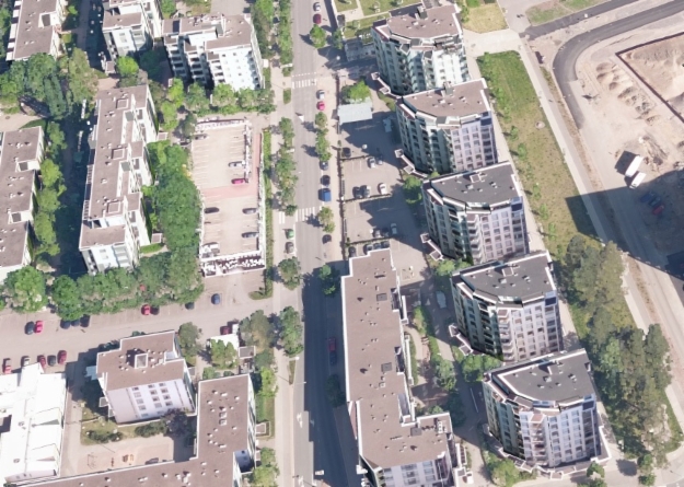 Teksturoitu vektorimalli ja puut pistepilvenä (data Helsingin kaupunki)